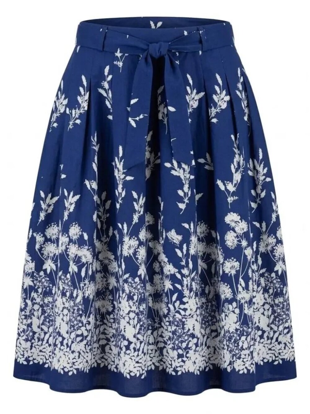 NWT TALBOTS Cotton Navy Blue White Floral Tie Belt Pleated Skirt 8